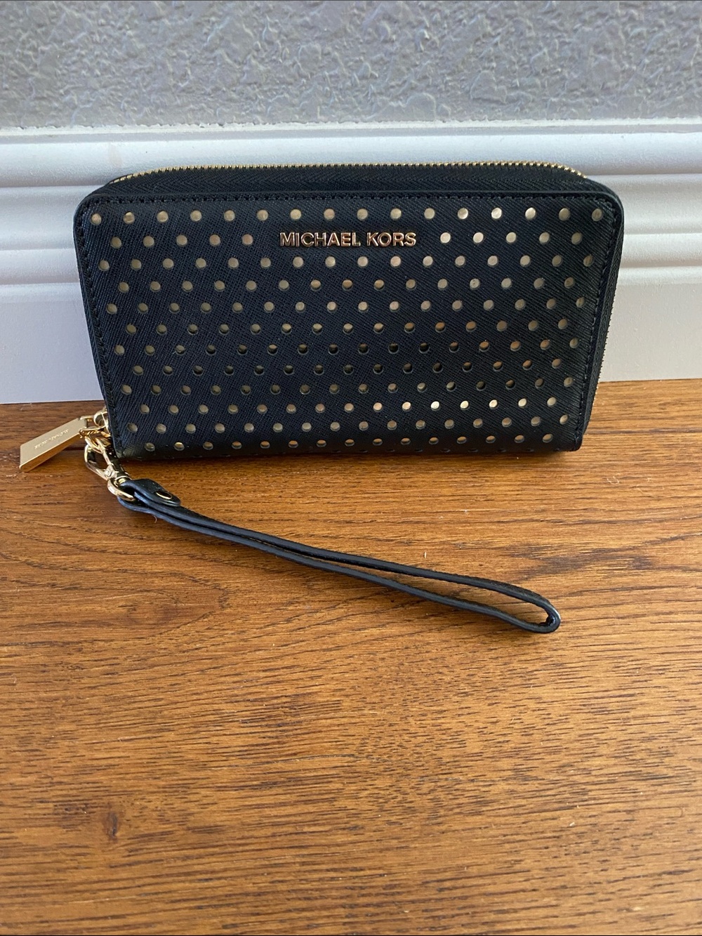 Michael Kors Perforated Gusset Leather Wristlet - Black with Gold-Tone Hardware
